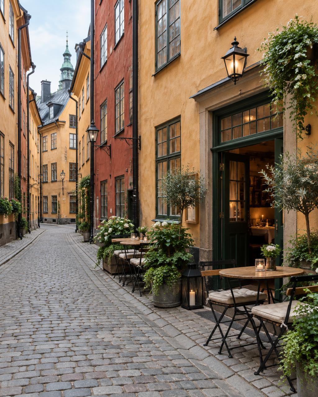 Stämningsbild av en kullerstensgränd och uteservering i Gamla stan